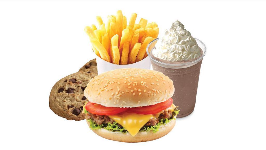Cheese Burger Classic · Hamburger with American cheese, lettuce, tomato and onion, pickle, coleslaw, French fries, Milkshake and 2 homemade cookies.  (not all cookie types are available and we will choose what is available at the time of order)