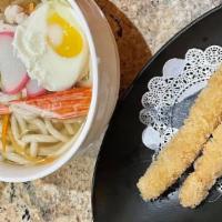 Tempura Udon · Noodle soup with shrimps & veggie tempura on the side.