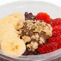 Choco-Nut Dream Acai Bowl · Organic acai,almond milk topped with granola, strawberry, banana, and Nutella.