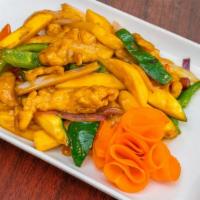 Mango · Fresh mango, red onion, pepper, sweet peas, with sweet and sour sauce. Served with rice.