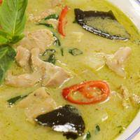 C-2. Green Curry · Green curry paste, coconut milk with  bamboo shoot, string bean , pepper and basil.