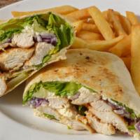 Mediterranean Wrap · Grilled chicken, romaine lettuce, red onion and feta cheese with vinaigrette dressing.