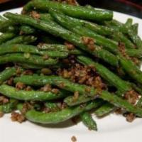 Plain String Beans · Served with white rice steamed with garlic sauce on the side or together with brown sauce.