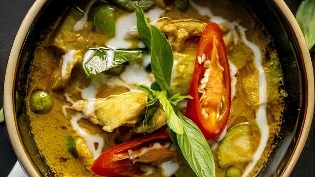 Thai Green Curry · Heart of palm, eggplant, pineapple and basil, coconut milk served with jasmine rice.