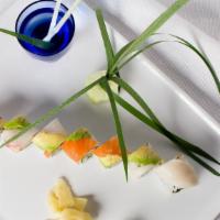 Rainbow Roll · Most popular. Crab, cucumber, avocado inside, tuna, salmon, white fish, and sliced avocado o...
