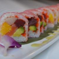 Valentine Roll · Ten pieces. Salmon, tuna, yellowtail, avocado, mango, and masago with pink soy paper wrap.