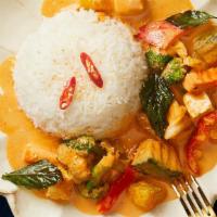 Geang Fak Tong (24 Oz) · Spicy. Mild spice. Pumpkin curry. Traditional red curry cooked with creamy coconut milk, pum...