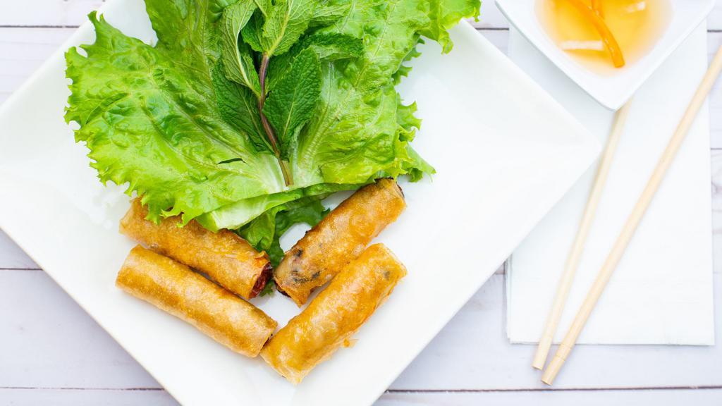 Fried Spring Rolls (4 Pc) · Crispy rolls stuffed with onions, mushrooms, carrots, and cellophane noodles. Wrap, roll, and dip with lettuce, pickled carrots, taro and daikon in homemade fish sauce.