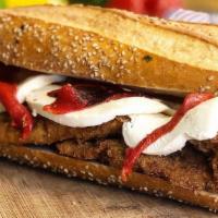 Uncle G'S · Breaded chicken cutlet, fresh mozzarella, and roasted peppers served on seeded semolina bread.