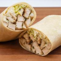 Grilled Chicken Caesar Wrap · Grilled chicken, romaine lettuce, Parmesan cheese and caesar dressing in a flour wrap.