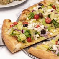 Greek Salad Pizza · Whole pie topped with iceberg lettuce, tomato, red onion, olives, cucumber and feta cheese.
