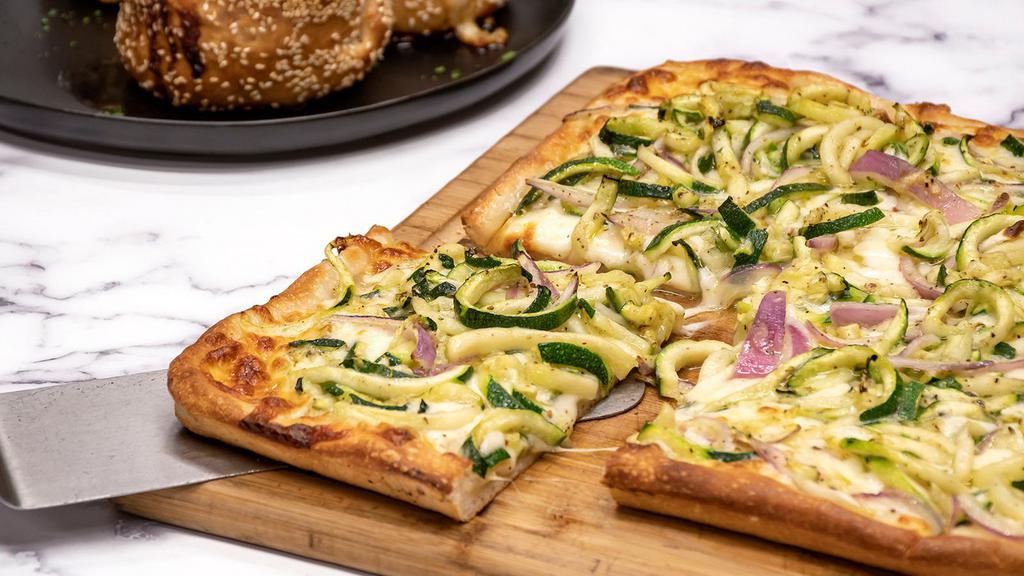 Alps Grandma Style Pizza · 12'' x 17'' Pie (8 Slices) Zucchini and onion with mozzarella and pesto.