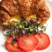 Egg Croissant & Salad · Croissant, 2 cage free scrambled eggs, Swiss cheese, chipotle mayo with a side tomato and gr...