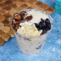 Bircher/Overnight Oats Pot · Organic Rolled oats, dried cranberries, sliced almonds, apple juice, greek yogurt, dates and...