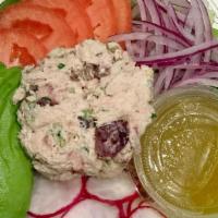 Tuna Salad Salad · Mixed Greens tuna salad mix (Tuna, celery, parsley, dried cranberries and mayo) sliced red o...
