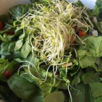 Chop Chop · Baby spinach, cucumbers, tomato, red onion, avocado, sprouts, edamame, cashews, peanut dress...