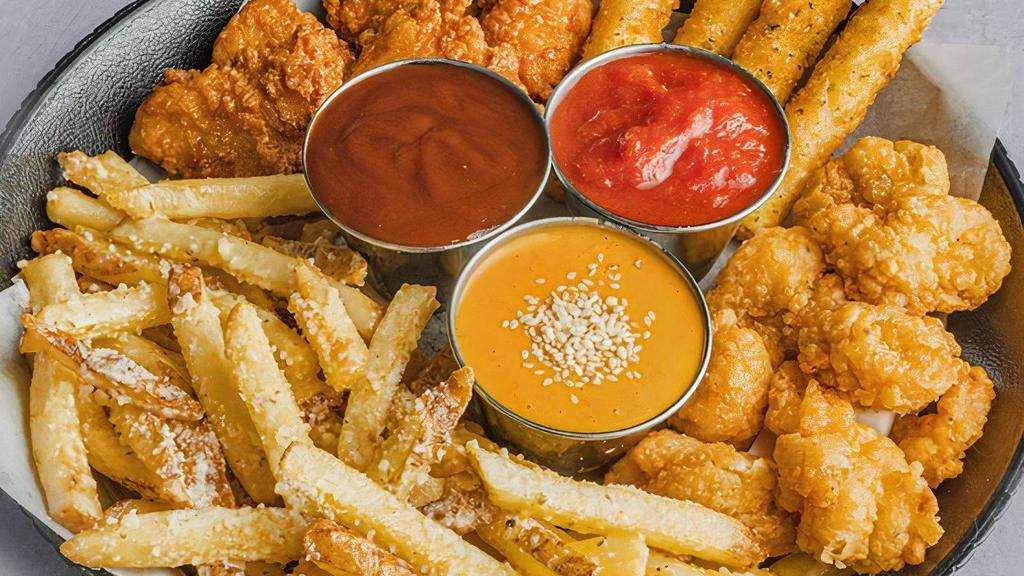Perfect Storm · Four of our favorites! Firecracker shrimp, mozzarella sticks, boneless wings and our garlic 'n' parm fries, served with marinara and firecracker sauces, plus a third sauce of your choosing. (1930-2270 cal.)