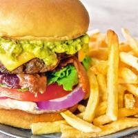 Bacon Guacamole Burger · Our signature burger topped with crispy bacon, American cheese, house-made guacamole, tomato...