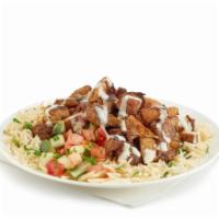 Grilled Chicken Rice (Standard) · Grilled chicken thighs with our signature shawarma spices. Basmati rice, scoop of salad (tom...