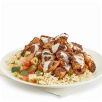 Spicy Grilled Chicken Rice (Standard) · Grilled marinated chicken thighs with our signature spices. Basmati rice, scoop of salad (to...