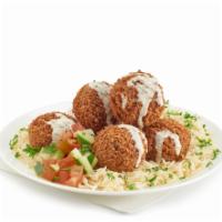 Falafel Rice (Standard) · Grounded chickpea mix with onions, parsley, cilantro, garlic and spices, and deep fried. Bas...