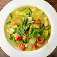 Green Curry · Spicy. Bell peppers, onion, string bean, potato, zucchini, okra, eggplant and basil. Choice ...