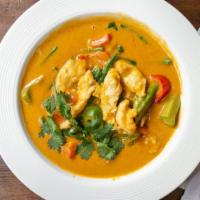 Red Curry · Spicy. Bell peppers, onion, string bean, zucchini, potato, okra and basil. Choice of chicken...