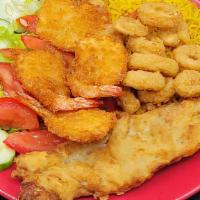 Seafood Special Shrimp, Fish & Calamari · With rice and salad. Fish ,shrimp ,calamari, Fish