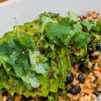 Health Bowl · Kale, Brown Rice, and Black Beans sautéed in a Tomato Purée. Topped with Avocado, Cilantro, ...