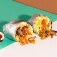 Fajita Veggie Mix Breakfast Burrito · Two scrambled eggs, fajita peppers and onions, mushrooms, melted cheese, wrapped in a fresh ...