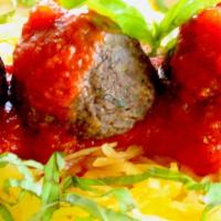 Meatballs & Spaghetti · This is a favorite. Spaghetti squash and mushroom meatballs topped with our own special mari...
