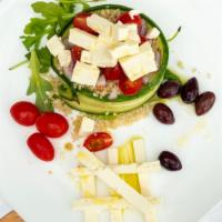 Lunch Greek Quinoa Salad · Organic quinoa, grape tomatoes, English cucumbers, Bermuda onions, scallions, kalamata olive...