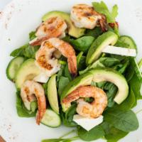 Lunch Loribella Salad · A bed of baby spinach and arugula, topped with grilled jumbo shrimp and avocado, served with...
