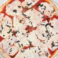 Lunch Margherita Pizza · Greek pan white pizza with plum tomatoes, fresh basil, extra virgin olive oil, and fresh moz...