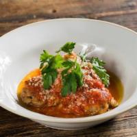 Polpettine · homemade veal meatballs, tomato sauce, Parmigiano-Reggiano