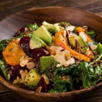 Quinoa · Quinoa salad, spinach, avocado, Kumato tomatoes, cucumber, green beans, toasted almonds, red...
