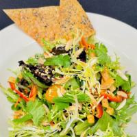 Ginger Sesame Salad  · 660cals. organic baby greens, julienne vegetables, crisp wontons, mandarin oranges, toasted ...