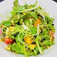 Cilantro Lime Salad · 490cals. organic baby greens, jack cheese, heirloom tomatoes, grilled corn, pumpkin seeds, c...