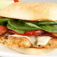 Chicken Club Sandwich · Grilled chicken breast swiss cheese bacon tomato fresh spinach toasted ciabatta bun.