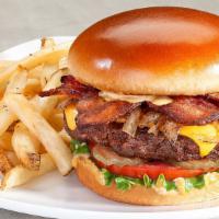 Smoky Chipotle Burger · Bacon american cheese caramelized onions spicy chipotle mayo brioche bun lettuce tomato pick...