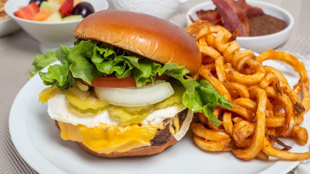All-American Cheeseburger · Choice of cheese, brioche bun, lettuce, tomato, onions, pickles. 950-1060 сalories.