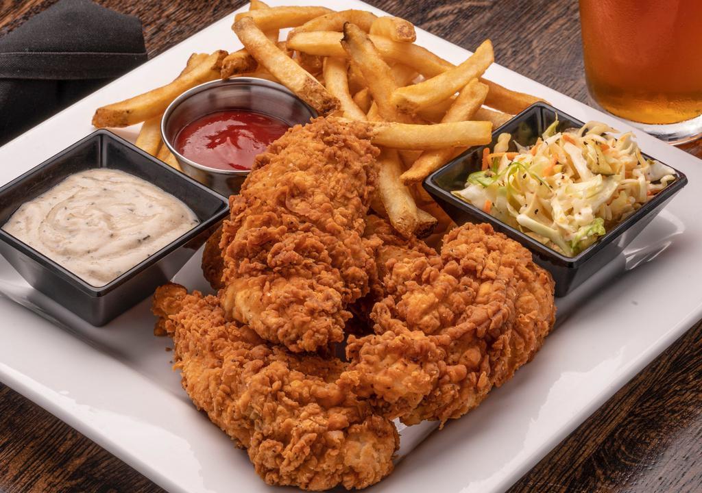 Chicken Tenders · Hand-battered jumbo all-natural chicken, choice of
country gravy or homemade BBQ sauce. Served with fries and bread and butter pickle slaw.
