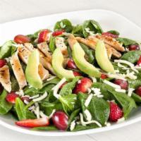 Strawberry Spinach Salad · Fresh spinach, grilled chicken breast, strawberries, red grapes, sliced avocado, jack cheese...