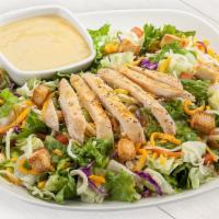 Grilled Chicken Salad · Grilled chicken breast tomatoes jack cheese cheddar cheeses green onions and croutons.
