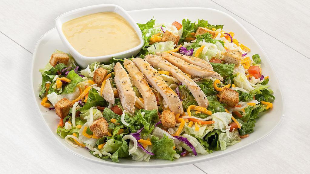 Grilled Chicken Salad · Grilled chicken breast tomatoes jack cheese cheddar cheeses green onions and croutons.