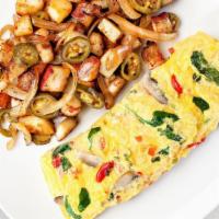 Very Veggie Omelette · Fresh spinach bell peppers onions mushrooms roasted red peppers tomatoes garlic seasoning an...