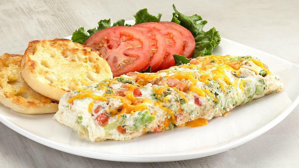 Chicken Broccoli Egg White Omelette · Egg whites diced grilled chicken broccoli garlic seasoning cheddar cheese tomatoes. healthier.