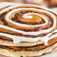 Cinnamon Roll Pancakes  · Cinnamon roll swirl, icing. 1520 calories.