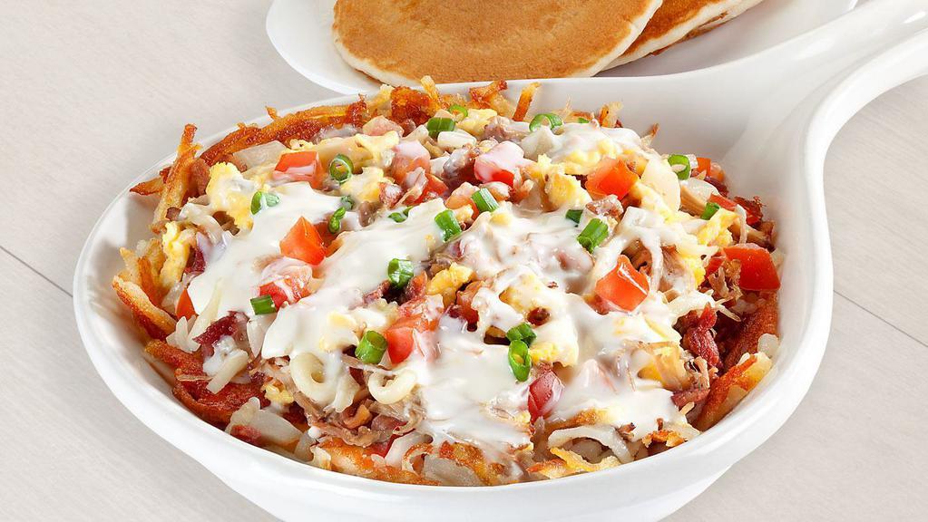 Carnitas Queso Skillet · Seasoned hash browns pulled pork bacon sausage tomatoes onions; white queso jack cheese green onions.