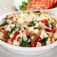 Almost Healthy Skillet · Seasoned home fries, fresh spinach, roasted red peppers, caramelized onions, mushrooms, toma...